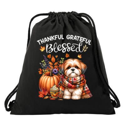 Thankful Grateful Blessed Shih Tzu Dog Fall YAll Autumn Drawstring Bag