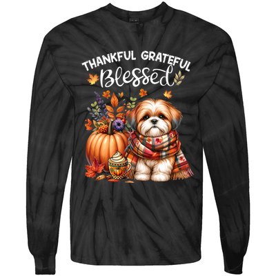 Thankful Grateful Blessed Shih Tzu Dog Fall YAll Autumn Tie-Dye Long Sleeve Shirt