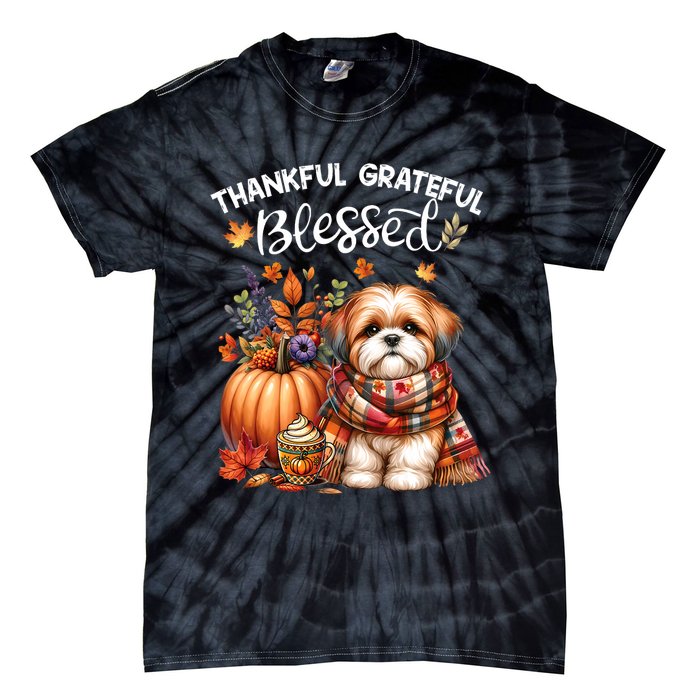 Thankful Grateful Blessed Shih Tzu Dog Fall YAll Autumn Tie-Dye T-Shirt