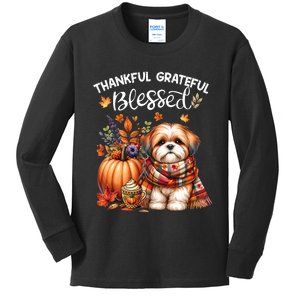 Thankful Grateful Blessed Shih Tzu Dog Fall YAll Autumn Kids Long Sleeve Shirt