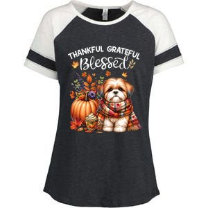 Thankful Grateful Blessed Shih Tzu Dog Fall YAll Autumn Enza Ladies Jersey Colorblock Tee