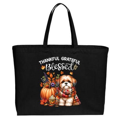 Thankful Grateful Blessed Shih Tzu Dog Fall YAll Autumn Cotton Canvas Jumbo Tote