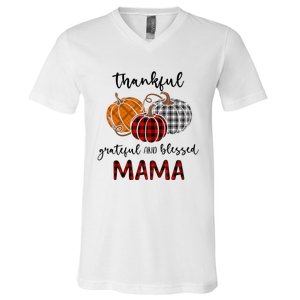 Thankful Grateful Blessed Mama Plaid Thanksgiving V-Neck T-Shirt