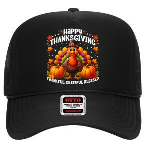 Thankful Grateful Blessed Happy Thanksgiving Turkey Women High Crown Mesh Back Trucker Hat