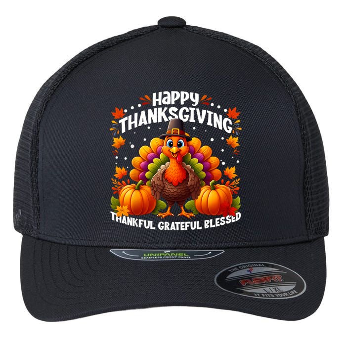 Thankful Grateful Blessed Happy Thanksgiving Turkey Women Flexfit Unipanel Trucker Cap