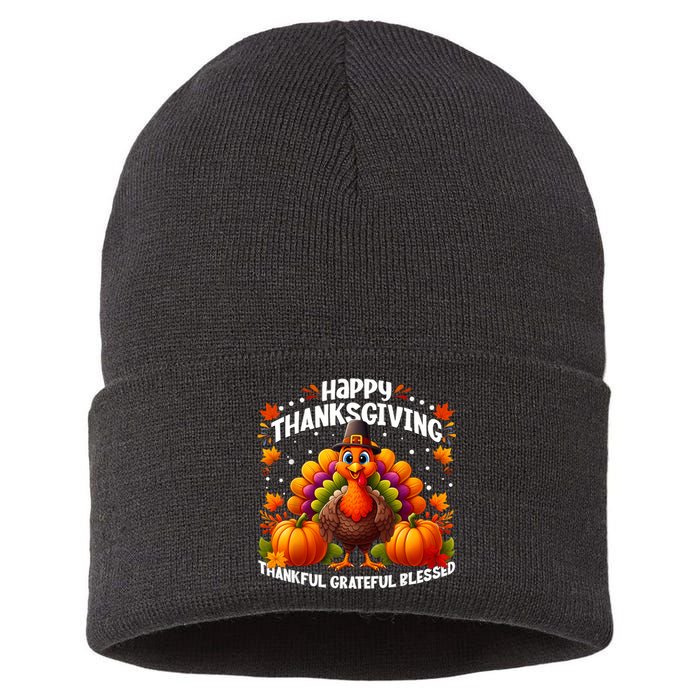 Thankful Grateful Blessed Happy Thanksgiving Turkey Women Sustainable Knit Beanie