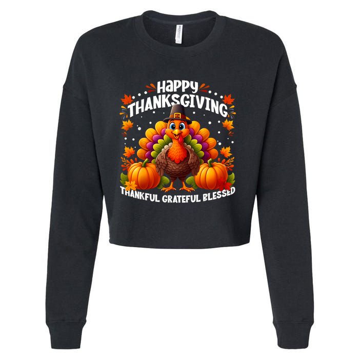 Thankful Grateful Blessed Happy Thanksgiving Turkey Women Cropped Pullover Crew