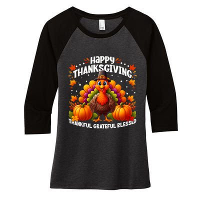 Thankful Grateful Blessed Happy Thanksgiving Turkey Women Women's Tri-Blend 3/4-Sleeve Raglan Shirt