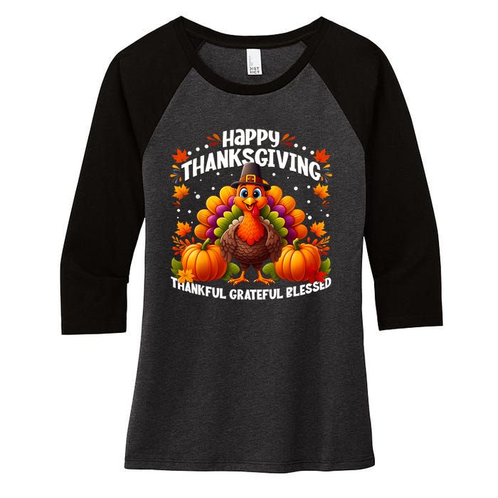 Thankful Grateful Blessed Happy Thanksgiving Turkey Women Women's Tri-Blend 3/4-Sleeve Raglan Shirt