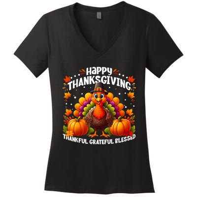 Thankful Grateful Blessed Happy Thanksgiving Turkey Women Women's V-Neck T-Shirt