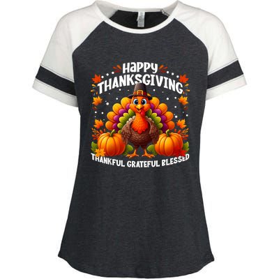 Thankful Grateful Blessed Happy Thanksgiving Turkey Women Enza Ladies Jersey Colorblock Tee