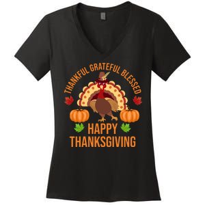 Thankful Grateful Blessed Happy Thanksgiving Quote Women's V-Neck T-Shirt