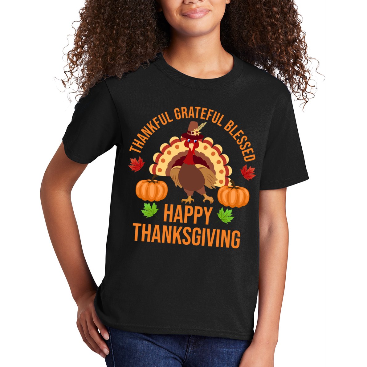 Thankful Grateful Blessed Happy Thanksgiving Quote Kids T-Shirt