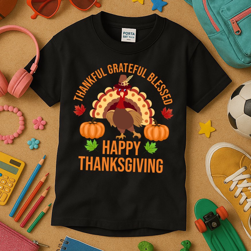 Thankful Grateful Blessed Happy Thanksgiving Quote Kids T-Shirt