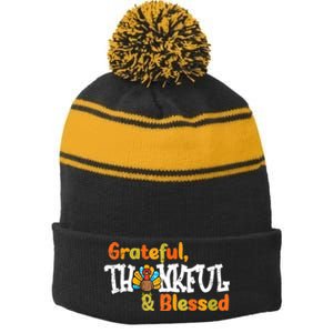 Thankful Grateful Blessed Thanksgiving Turkey Girls Stripe Pom Pom Beanie