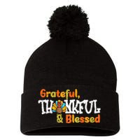 Thankful Grateful Blessed Thanksgiving Turkey Girls Pom Pom 12in Knit Beanie