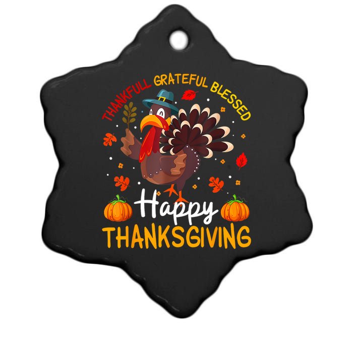 Thankful Grateful Blessed Turkey Family Happy Thanksgiving Ceramic Star Ornament