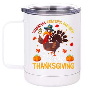 Thankful Grateful Blessed Turkey Family Happy Thanksgiving 12 oz Stainless Steel Tumbler Cup