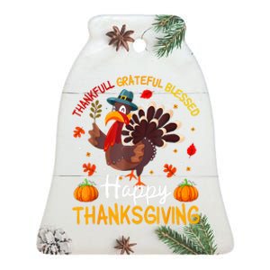 Thankful Grateful Blessed Turkey Family Happy Thanksgiving Ceramic Bell Ornament