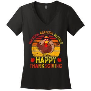 Thankful Grateful Blessed Happy Thanksgiving Turkey Women's V-Neck T-Shirt