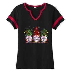 Three Gnomes Buffalo Plaid Red Christmas Ladies Halftime Notch Neck Tee