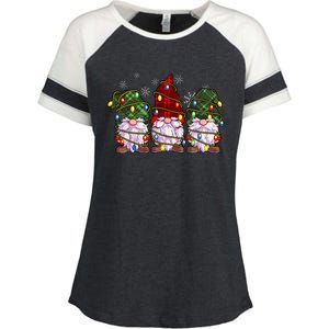 Three Gnomes Buffalo Plaid Red Christmas Enza Ladies Jersey Colorblock Tee