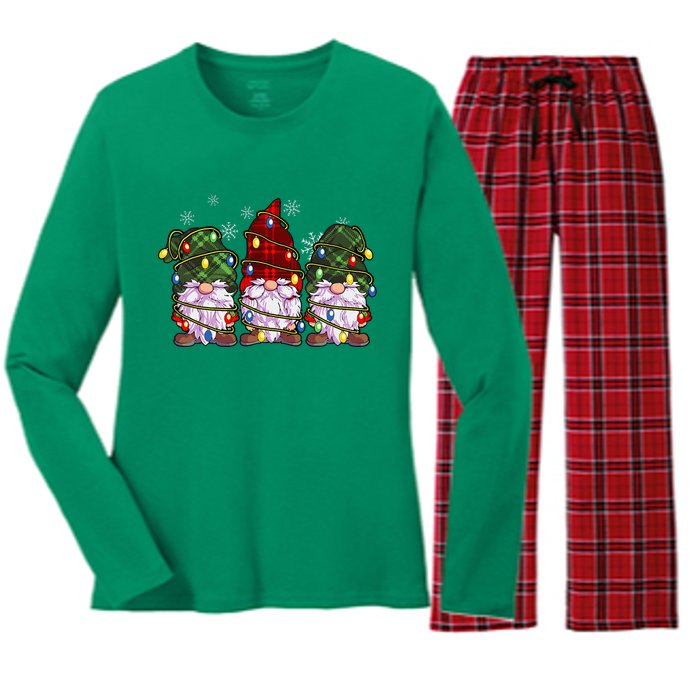 Three Gnomes Buffalo Plaid Red Christmas Women's Long Sleeve Flannel Pajama Set 