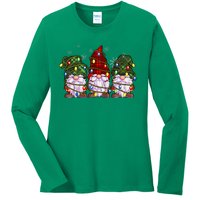 Three Gnomes Buffalo Plaid Red Christmas Ladies Long Sleeve Shirt