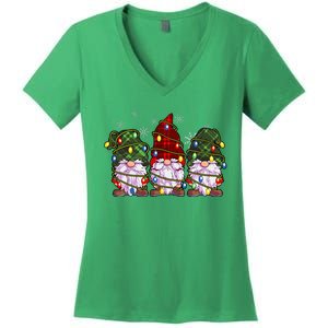 Three Gnomes Buffalo Plaid Red Christmas Women's V-Neck T-Shirt