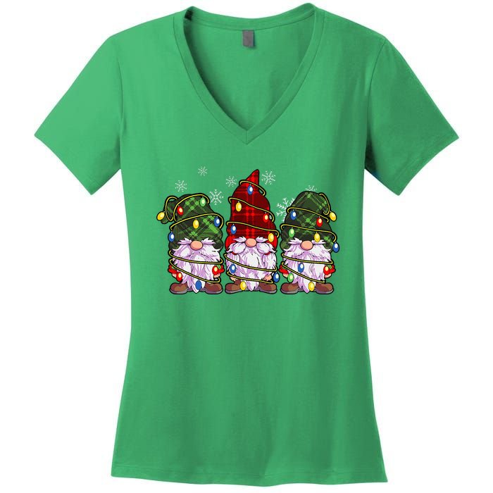 Three Gnomes Buffalo Plaid Red Christmas Women's V-Neck T-Shirt