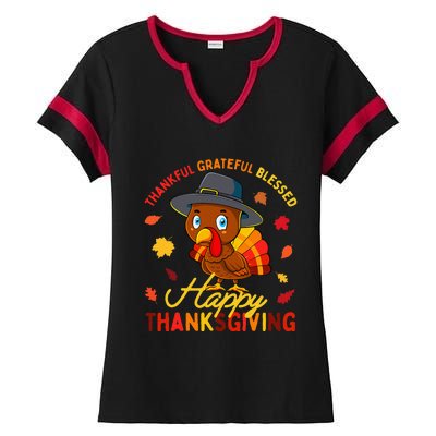 Thankful Grateful Blessed Autumn Turkey Thanksgiving Ladies Halftime Notch Neck Tee