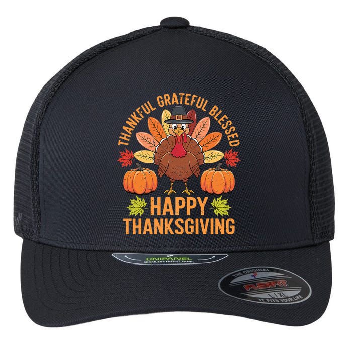 Thankful Grateful Blessed Turkey Women Happy Thanksgiving Flexfit Unipanel Trucker Cap