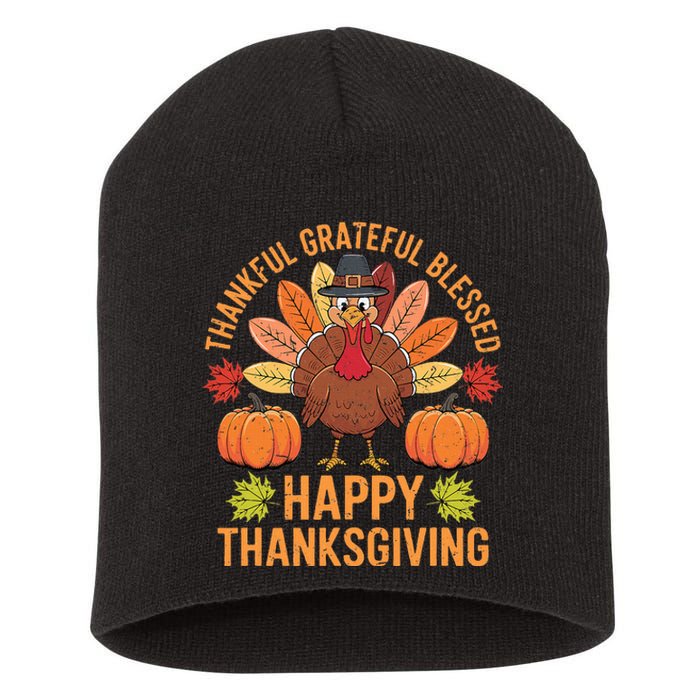 Thankful Grateful Blessed Turkey Women Happy Thanksgiving Short Acrylic Beanie