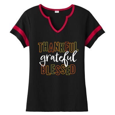 Thankful Grateful Blessed Women Girls Thanksgiving Ladies Halftime Notch Neck Tee