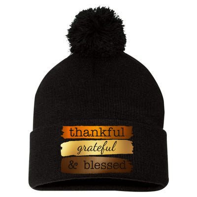 Thankful Grateful Blessed Thanksgiving Holiday Pom Pom 12in Knit Beanie