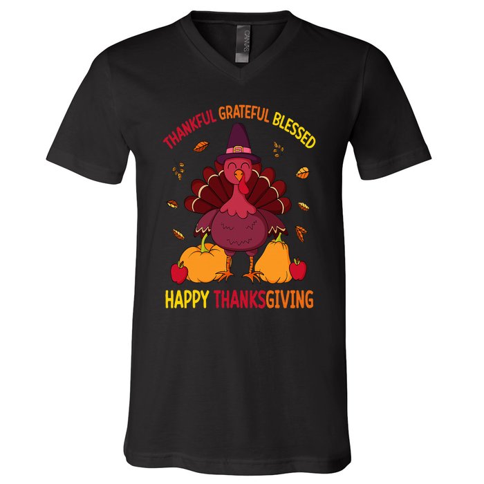 Thankful Grateful Blessed Thanksgiving Turkey V-Neck T-Shirt