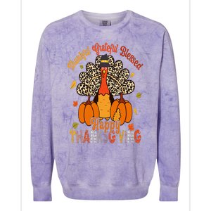 Thankful Grateful Blessed Thanksgiving Turkey Leopard Print Colorblast Crewneck Sweatshirt