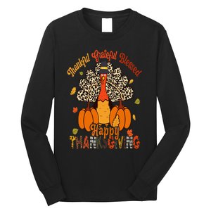 Thankful Grateful Blessed Thanksgiving Turkey Leopard Print Long Sleeve Shirt