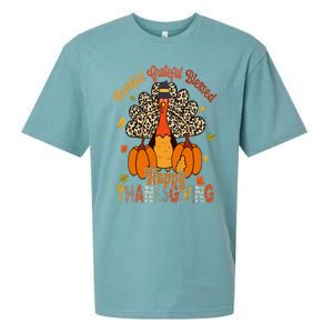 Thankful Grateful Blessed Thanksgiving Turkey Leopard Print Sueded Cloud Jersey T-Shirt