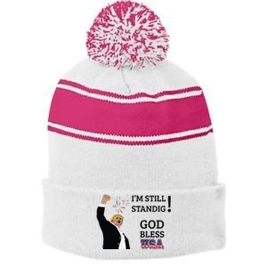 Trump God Bless America I Am Still Standing Trump For President Stripe Pom Pom Beanie