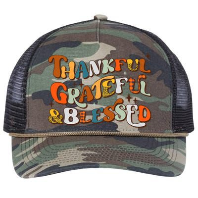 Thankful Grateful Blessed Leopard Pumpkin Fall Thanksgiving Retro Rope Trucker Hat Cap