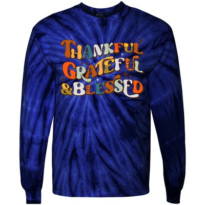 Thankful Grateful Blessed Leopard Pumpkin Fall Thanksgiving Tie-Dye Long Sleeve Shirt