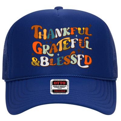 Thankful Grateful Blessed Leopard Pumpkin Fall Thanksgiving High Crown Mesh Back Trucker Hat