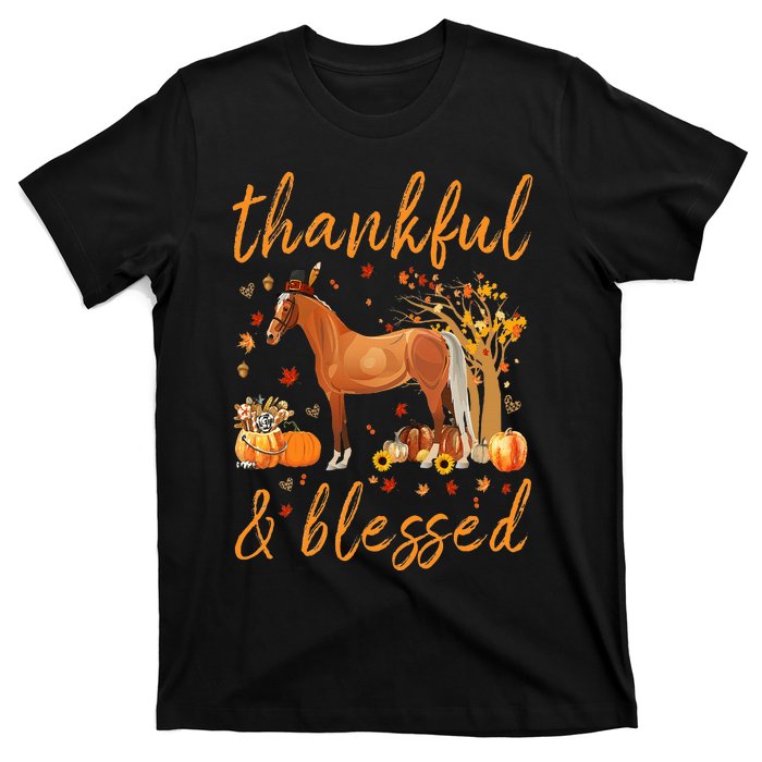 Thankful Grateful Blessed Horse Thanskgiving Matching T-Shirt