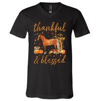 Thankful Grateful Blessed Horse Thanskgiving Matching V-Neck T-Shirt