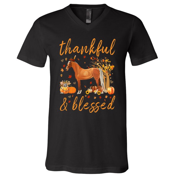 Thankful Grateful Blessed Horse Thanskgiving Matching V-Neck T-Shirt