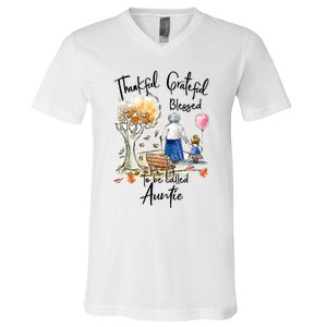 Thankful Grateful Blessed Auntie Autumn Tree Gift V-Neck T-Shirt