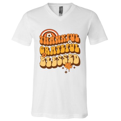 Thankful Grateful Blessed Retro Fall Thanksgiving V-Neck T-Shirt