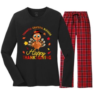 Thankful Grateful Blessed Thanksgiving Turkey Women's Long Sleeve Flannel Pajama Set 