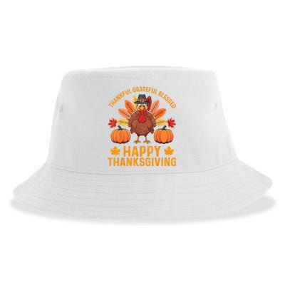 Thankful Grateful Blessed Turkey Women Happy Thanksgiving Sustainable Bucket Hat